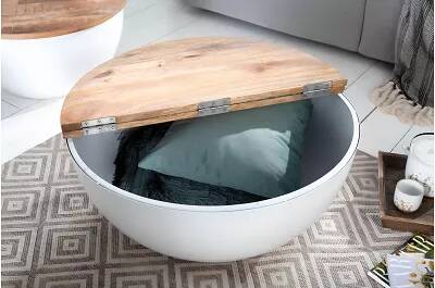 Table basse design en bois massif recyclé et acier blanc Ø70