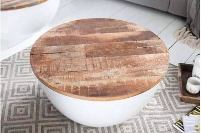 Table basse en bois massif de manguier et métal blanc Ø70