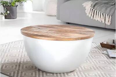 Table basse en bois massif de manguier et métal blanc Ø70