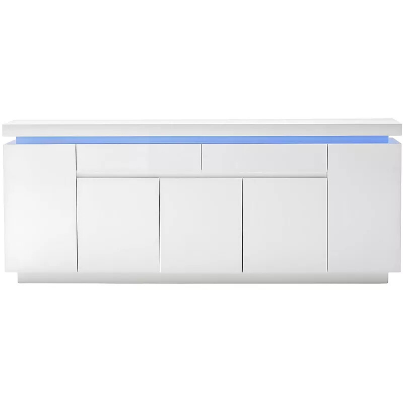 Buffet design LED blanc laqué 5 portes et 2 tiroirs