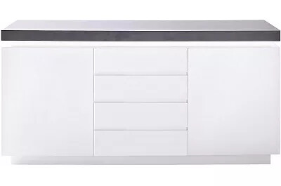 Buffet design LED blanc laqué mat aspect béton 2 portes et 4 tiroirs