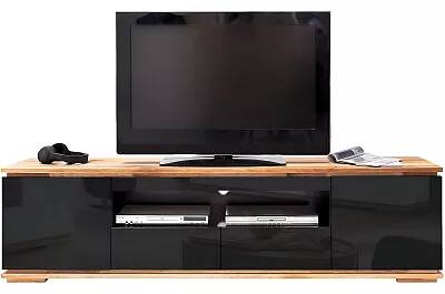 Meuble TV design noir laqué et chêne massif 2 portes 2 tiroirs