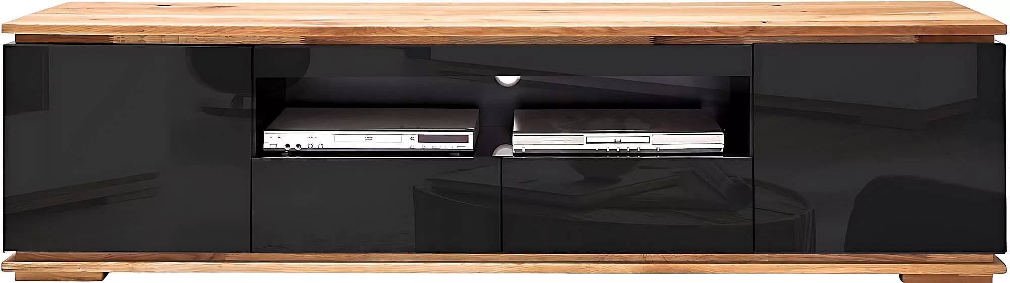 Meuble TV design noir laqué et chêne massif 2 portes 2 tiroirs