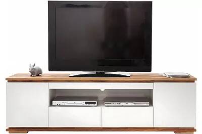 Meuble TV design blanc mat et chêne massif 2 portes 2 tiroirs