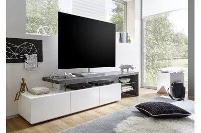 Meuble TV design blanc laqué mat et aspect béton 2 portes 2 tiroirs