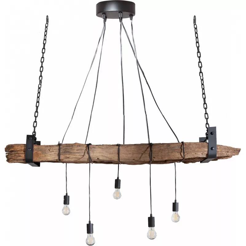 Lampe suspension en bois flotté massif et métal noir L152