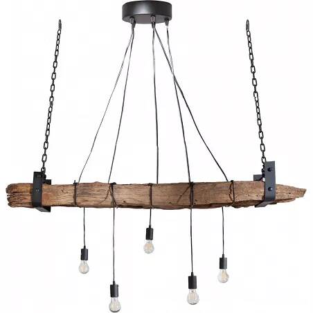Lampe suspension en bois flotté massif et métal noir L152