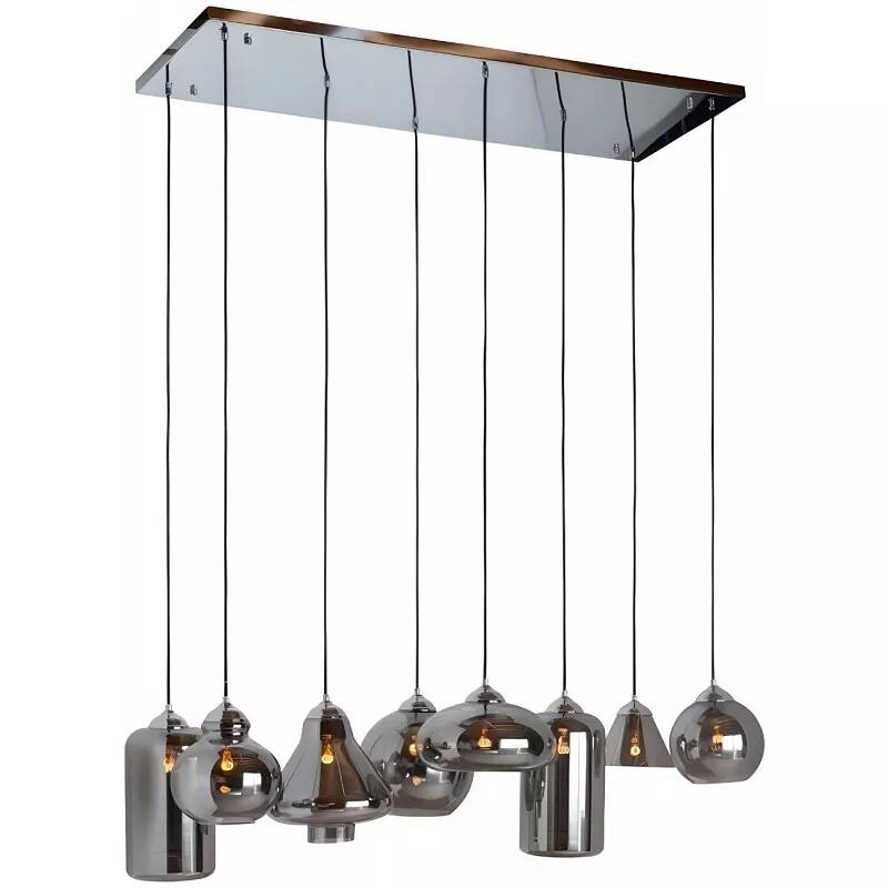 Lampe suspension en verre gris fumé et métal chromé L130