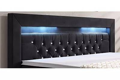 Lit boxspring à LED en velours capitonné noir avec cristaux swarovski avec espaces de rangement 180x200