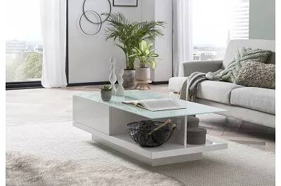 Table basse design blanc laqué et verre opaque 1 tiroir L120