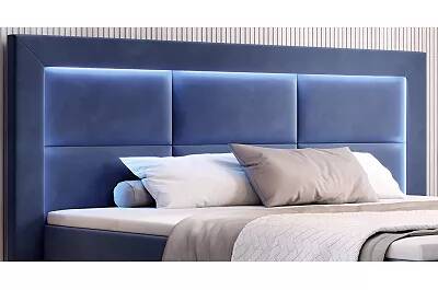 Lit boxspring à LED en velours matelassé bleu avec espaces de rangement 140x200
