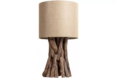 9329 - 133100 - Lampe de table en bois de teck massif et lin beige H50