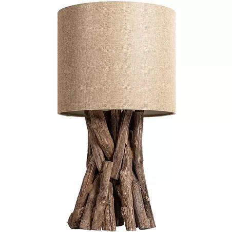 Lampe de table en bois de teck massif et lin beige H50