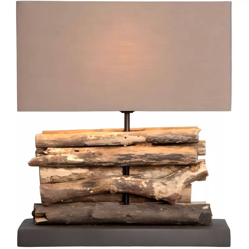 Lampe de table en lin marron et bois flotté H40