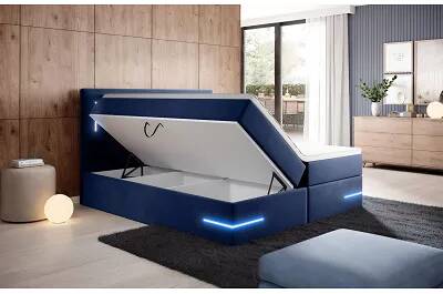 Lit boxspring à LED en velours bleu avec espaces de rangement 140x200
