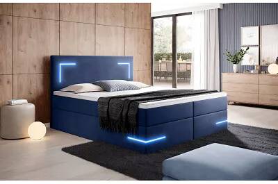 Lit boxspring à LED en velours bleu avec espaces de rangement 140x200