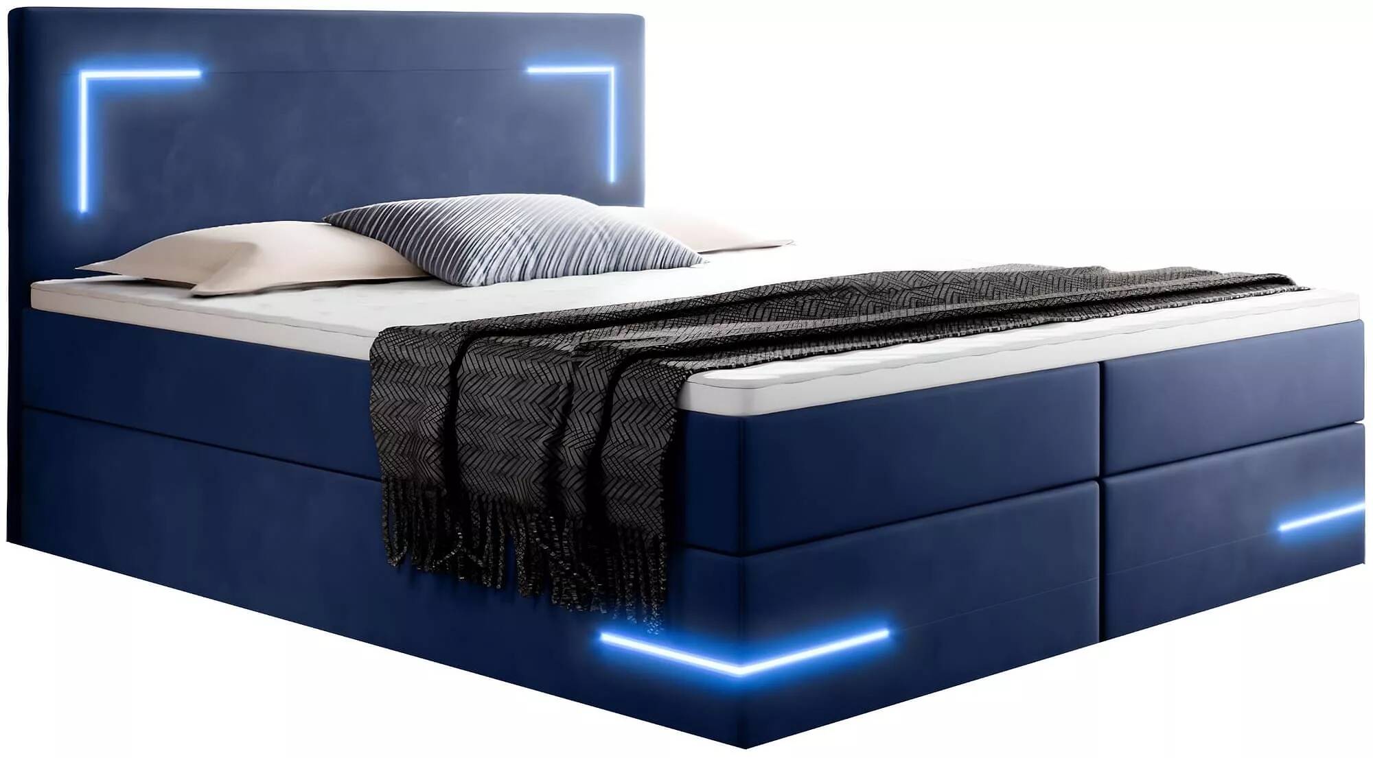 Lit boxspring à LED en velours bleu avec espaces de rangement 200x200