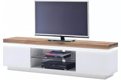 Meuble TV LED design blanc laqué mat et bois massif chêne 2 portes