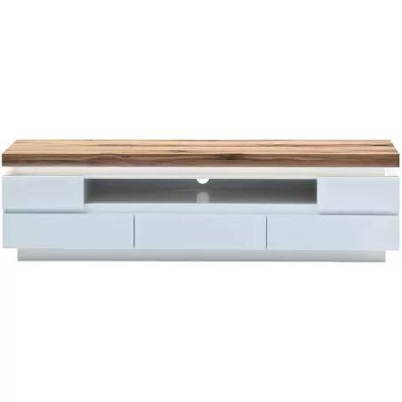 Meuble TV LED design blanc laqué mat et bois massif chêne 5 tiroirs