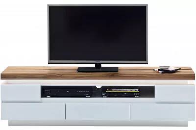 Meuble TV LED design blanc laqué mat et bois massif chêne 5 tiroirs