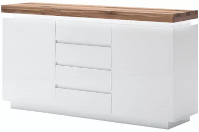 Buffet design LED blanc laqué mat et bois massif chêne 2 portes et 4 tiroirs
