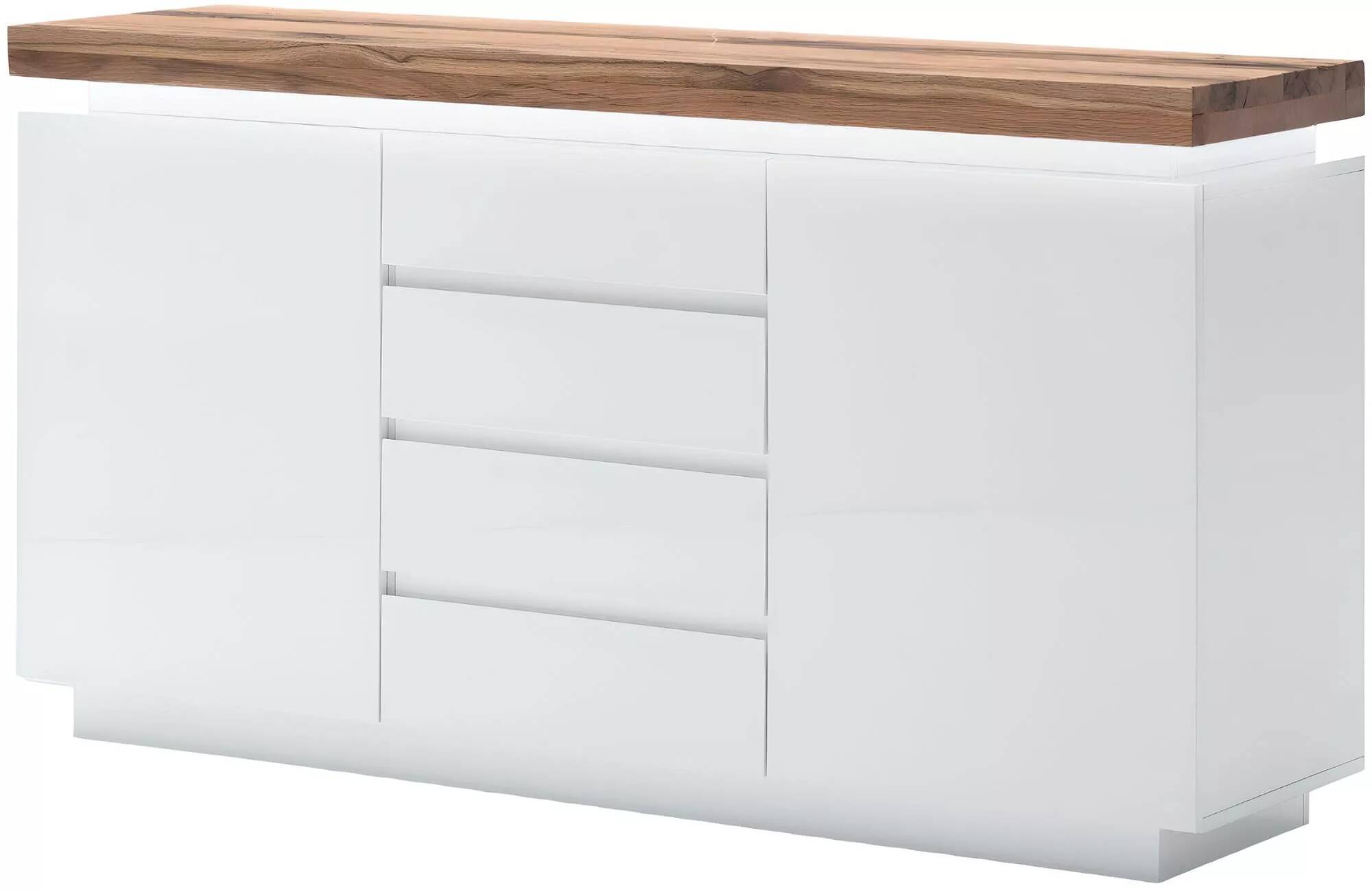 Buffet design LED blanc laqué mat et bois massif chêne 2 portes et 4 tiroirs
