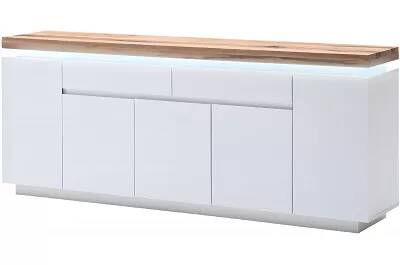 Buffet design LED blanc laqué mat et bois massif chêne 5 portes et 2 tiroirs