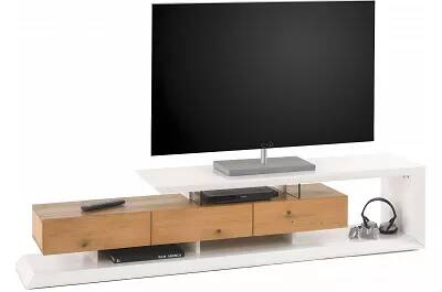 Meuble TV design blanc laqué mat et chêne massif 3 tiroirs