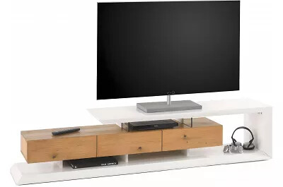 Meuble TV design blanc laqué mat et chêne massif 3 tiroirs