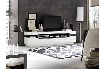 Meuble TV design blanc et gris laqué 3 tiroirs