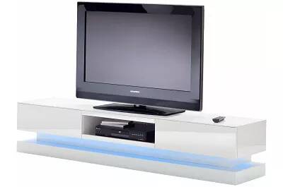 Meuble TV LED design blanc laqué 2 tiroirs