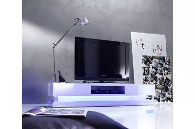 Meuble TV LED design blanc laqué 2 tiroirs