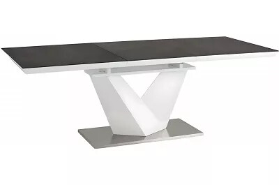 Table à manger extensible blanc laqué et verre aspect pierre gris L120-180