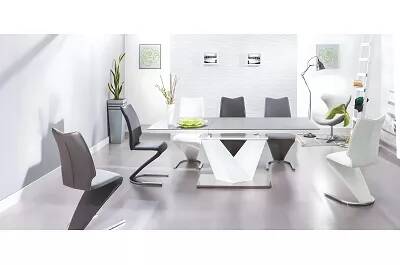 Table à manger extensible blanc laqué et verre aspect pierre gris L140-200