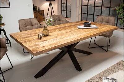 Table à manger en bois de manguier laqué naturel et métal noir L200x100