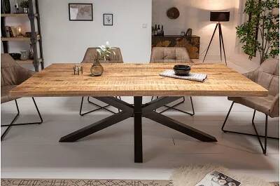 Table à manger en bois de manguier laqué naturel et métal noir L180x90