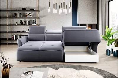 Canapé d'angle avec fonction relax électrique et coffre de rangement en cuir matelassé gris