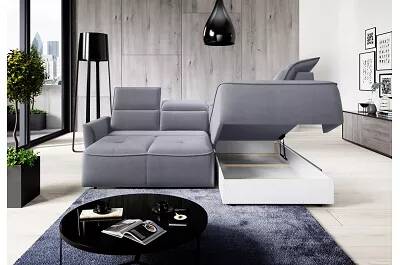 Canapé d'angle avec fonction relax électrique et coffre de rangement en cuir matelassé gris