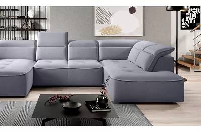 Canapé d'angle panoramique avec fonction relax électrique et coffre de rangement en cuir matelassé gris