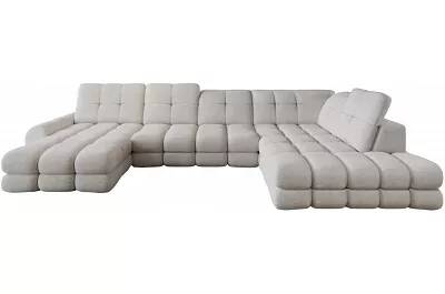 Canapé d'angle panoramique convertible avec fonction relax électrique en tissu matelassé blanc