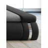 Canapé d'angle panoramique convertible avec coffre de rangement en cuir noir et tissu matelassé gris