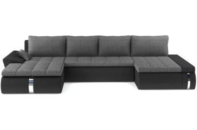 Canapé d'angle panoramique convertible avec coffre de rangement en cuir noir et tissu matelassé gris