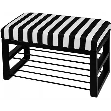 Banquette en tissu bandes noir et blanc et métal noir avec 2 espaces de rangement 90x45
