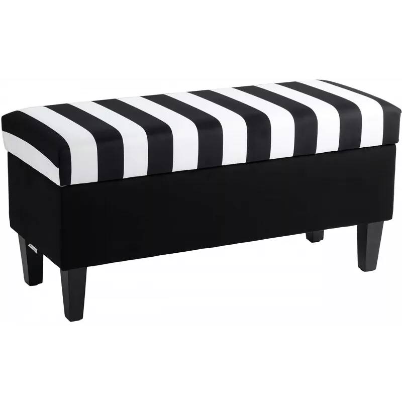 Banquette coffre en tissu bandes noir et blanc et bois de hêtre noir 90x45