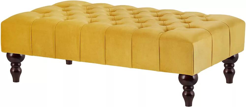 Table basse en velours capitonné jaune et bois de hêtre wengé 60x60