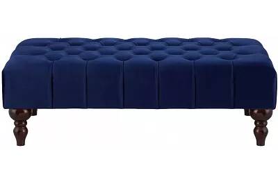 Table basse en velours capitonné bleu marine et bois de hêtre wengé 80x60