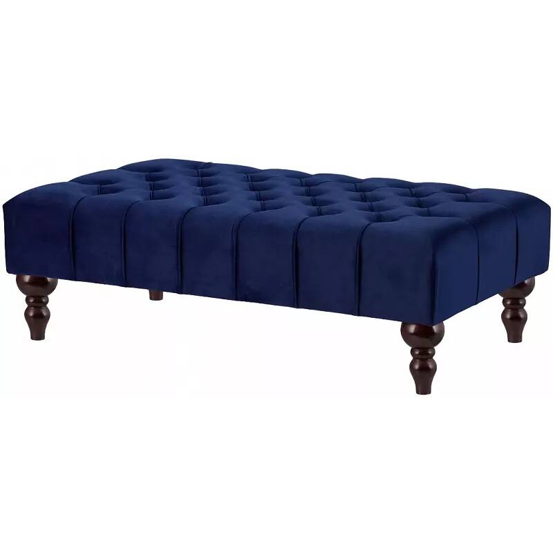 Table basse en velours capitonné bleu marine et bois de hêtre wengé 100x60