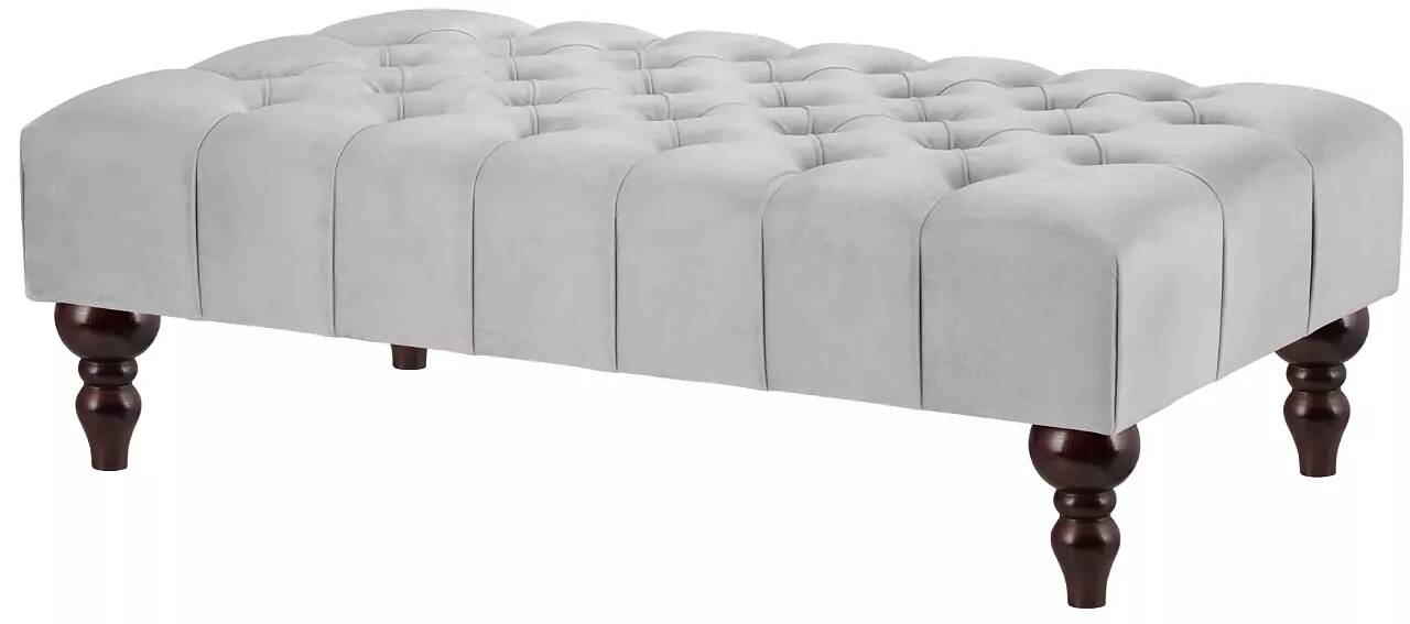 Table basse en velours capitonné gris clair et bois de hêtre wengé 120x60