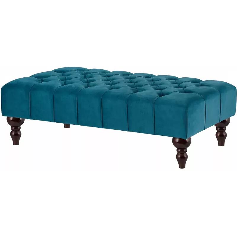 Table basse en velours capitonné bleu et bois de hêtre wengé 60x60