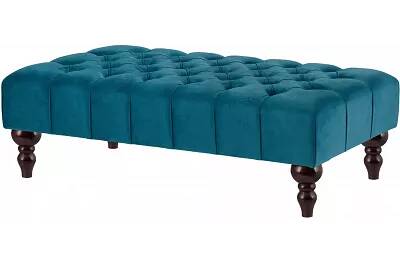 Table basse en velours capitonné bleu et bois de hêtre wengé 120x60
